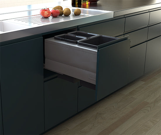 Tanova Designer Series  Pull Out Soft Close Kitchen Waste Bin  450mm 3 Bin Cabinet  -White and Charcoal