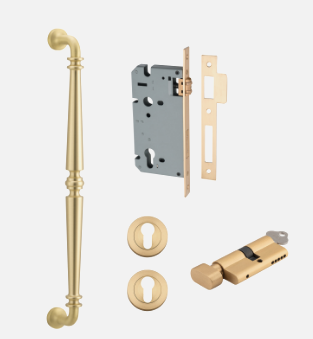 Iver Sarlat Pull Handle 17101 Centre to Centre 450mm Brushed Gold PVD - Pull Handle Single ,Entrance Kit Thumb 5 Pin and Entrance Dual Function 5 Pin