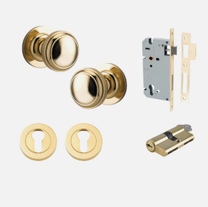 Iver Paddington Door Knob 0210 Round Rose Polished Brass - Passage kit , privacy kit & Entrance Kit (Dual Function 5 pin and Key Thumb 6 Pin)