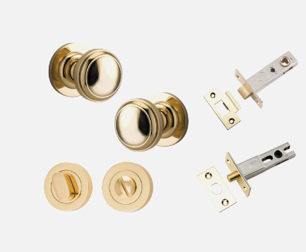 Iver Paddington Door Knob 0210 Round Rose Polished Brass - Passage kit , privacy kit & Entrance Kit (Dual Function 5 pin and Key Thumb 6 Pin)