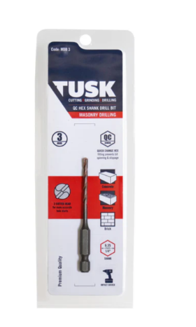 Tusk Heavy Duty Quick Change Hex Shank Masonry Drill Bit -3mm x 80mm ,3.5mm x 80mm ,4mm x 80mm & 5mm x 90mm