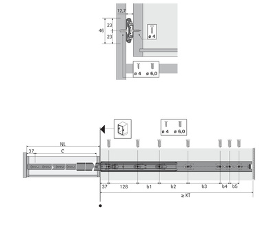 Hettich Germany Standard Ball Bearing Runner, Mounted on side, Dimensions ( Height 46mm x 12.7mm Width ) Installed Width Length - Available in 9 sizes : 250mm ,300mm ,350mm ,400mm ,450mm ,500mm ,550mm ,600mm ,650mm - 45 kg Blue Passivated ,Galvanised