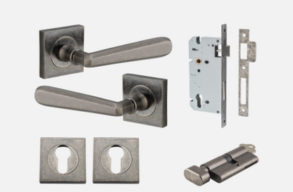 Iver Copenhagen Door Lever 21197 Square Rose Backplate Distressed Nickel - Passage ,Privacy & Entrance