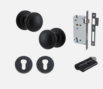 Iver Paddington Door Knob 0213 Round Rose Matt Black - Passage kit , privacy kit & Entrance Kit (Dual Function 5 pin and Key Thumb 6 Pin)