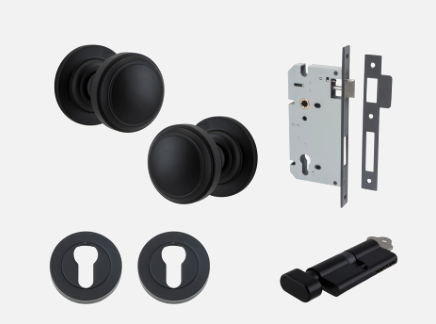 Iver Paddington Door Knob 0213 Round Rose Matt Black - Passage kit , privacy kit & Entrance Kit (Dual Function 5 pin and Key Thumb 6 Pin)