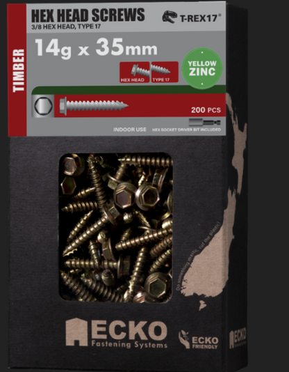 Ecko Hex T17 Screw Yellow Zinc 12G & 14G-35mm Pack of 200