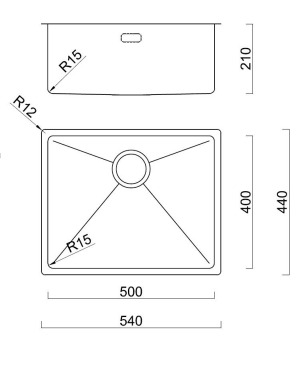 BURNS & FERALL BDM540- Top Mount Bowl 500 x 400 x 210 Designer Waste & Overflow - 1.2mm Stainless Steel