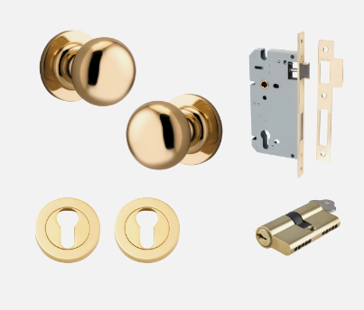 Iver Cambridge Door Knob 0200 Round Rose Polished Brass - Passage kit , privacy kit & Entrance Kit (Dual Function 5 pin and Key Thumb 6 Pin)