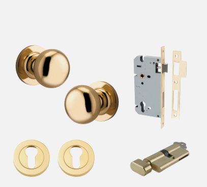 Iver Cambridge Door Knob 0200 Round Rose Polished Brass - Passage kit , privacy kit & Entrance Kit (Dual Function 5 pin and Key Thumb 6 Pin)