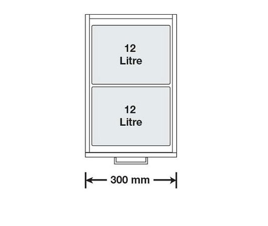 Tanova Simplex Base Mounted  Pull Out Kitchen Bin 300mm Cabinet - 2x12L Bins - Base Mounted 350Hx510D