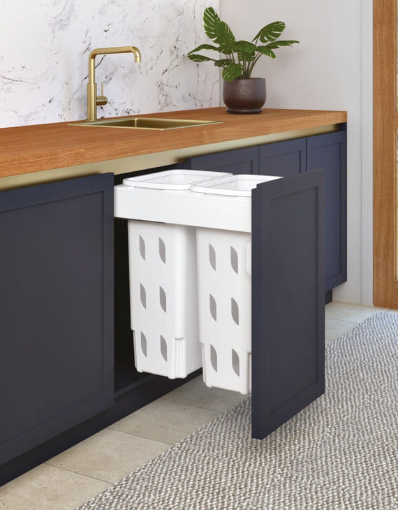 Hideaway NZ made Laundry Bin System,  Concelo range, 2 x 20L bucket, Door pull 2 color options