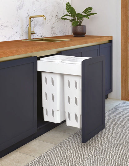 Hideaway NZ made Laundry Bin System,  Concelo range, 2 x 20L bucket, Door pull 2 color options