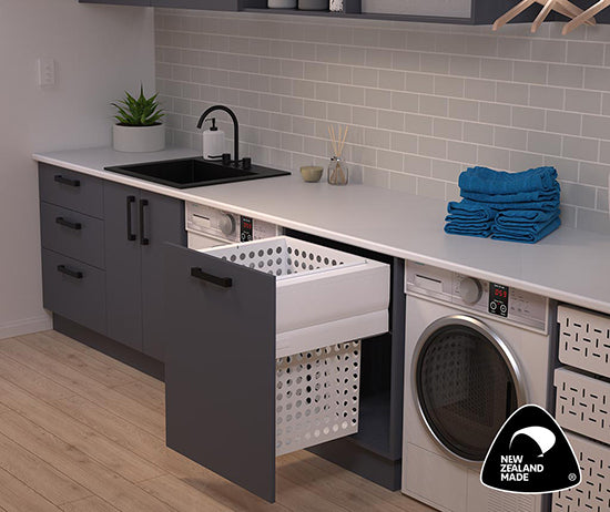 Tanova Designer Series Pull Out Soft Close  Laundry Basket  600mm Cabinet 1x100L Steel Basket White