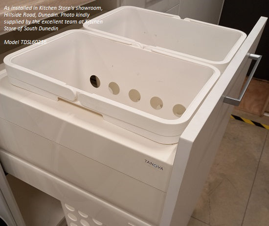 Tanova Designer Series Pull Out Soft Close  Laundry Basket 600mm Cab - 2x36L Plastic Hampers White and White Gray