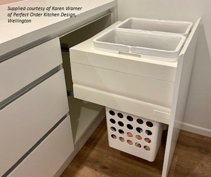 Tanova Designer Series Pull Out Soft Close  Laundry Basket 600mm Cab - 2x36L Plastic Hampers White and White Gray