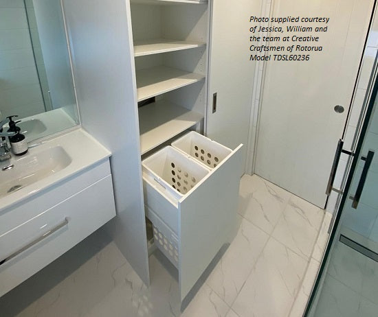 Tanova Designer Series Pull Out Soft Close  Laundry Basket 600mm Cab - 2x36L Plastic Hampers White and White Gray