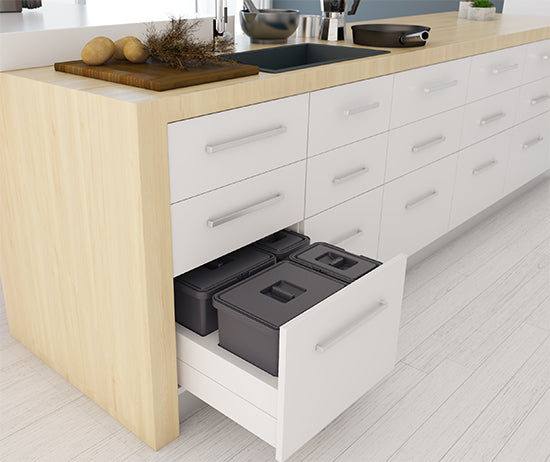 Tanova Pull Out Kitchen Bin 600mm Cab - Drawer Insert Frame & Buckets White and Charcoal