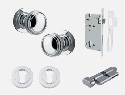 Iver Paddington Door Knob 0214 Round Rose Polished Chrome - Passage kit , privacy kit & Entrance Kit (Dual Function 5 pin and Key Thumb 6 Pin)