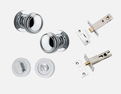 Iver Paddington Door Knob 0214 Round Rose Polished Chrome - Passage kit , privacy kit & Entrance Kit (Dual Function 5 pin and Key Thumb 6 Pin)