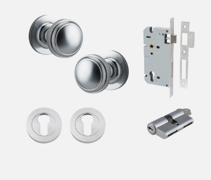Iver Paddington Door Knob 0215 Round Rose Brushed Chrome - Passage kit , privacy kit & Entrance Kit (Dual Function 5 pin and Key Thumb 6 Pin)