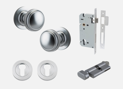 Iver Paddington Door Knob 0215 Round Rose Brushed Chrome - Passage kit , privacy kit & Entrance Kit (Dual Function 5 pin and Key Thumb 6 Pin)