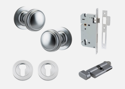 Iver Paddington Door Knob 0215 Round Rose Brushed Chrome - Passage kit , privacy kit & Entrance Kit (Dual Function 5 pin and Key Thumb 6 Pin)