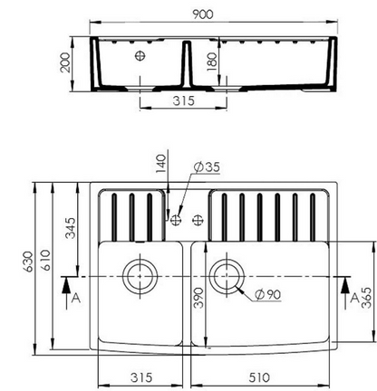 BURNS & FERALL CHAMBORD CLOTAIRE I ,II & III - WHITE CERAMIC SINGLE ( 595x500mm ) ,DOUBLE ( 800x500mm )  & THIRD WITH TAP LANDING ( 315+510mm ) BUTLER SINK