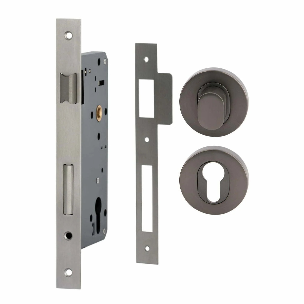MILES NELSON ENTRANCE DOOR PULL HANDLE LOCK KIT ROUND SS SATIN GRAPHITE (716SS60 + 452RDPTSG + 451REESG)