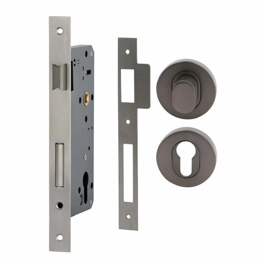 MILES NELSON ENTRANCE DOOR PULL HANDLE LOCK KIT ROUND SS SATIN GRAPHITE (716SS60 + 452RDPTSG + 451REESG)