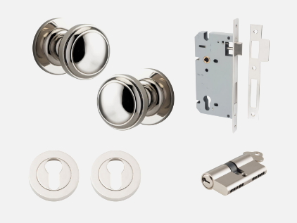 Iver Paddington Door Knob 0218 Round Rose Polished Nickel  - Passage kit ,Privacy kit & Entrance Kit (Dual Function 5 pin and Key Thumb 6 Pin)