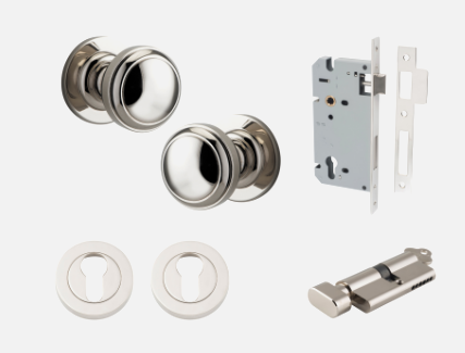 Iver Paddington Door Knob 0218 Round Rose Polished Nickel  - Passage kit ,Privacy kit & Entrance Kit (Dual Function 5 pin and Key Thumb 6 Pin)