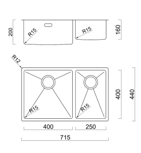 BURNS & FERALL BDM400D Main Bowl 400 x 400 x 250/200 x 400 x 160 Left Hand & Right Hand -1.2mm Stainless Steel