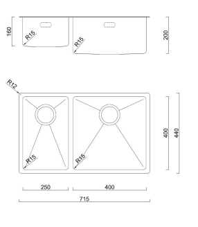 BURNS & FERALL BDM400D Main Bowl 400 x 400 x 250/200 x 400 x 160 Left Hand & Right Hand -1.2mm Stainless Steel