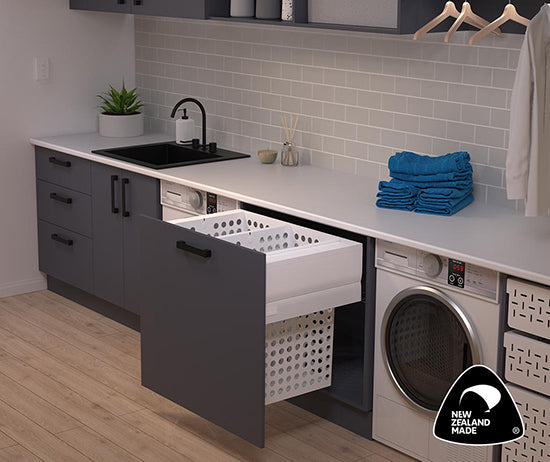 Tanova Designer Series Pull Out Soft Close  Laundry Basket  800mm Cabinet 2x65L Steel Basket White
