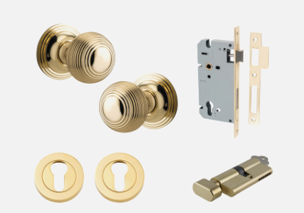 Iver Guildford Door Knob 0220 Round Rose Polished Brass - Passage kit ,Privacy kit & Entrance Kit (Dual Function 5 pin and Key Thumb 6 Pin)
