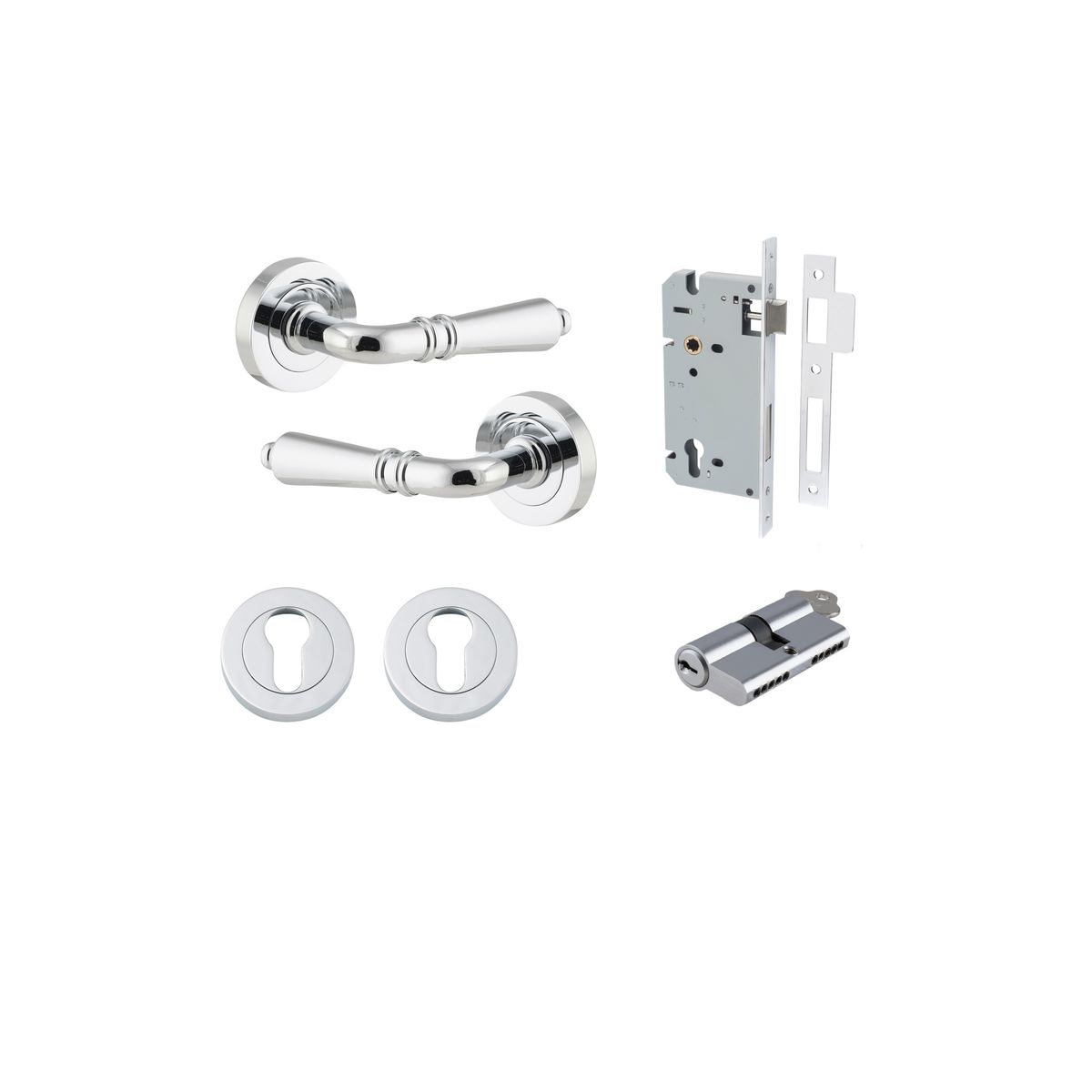 Iver Sarlat  Door Lever Rose Round Concealed Fix Pair, Passage Kit, Privacy Kit , Entrance Kit with High Security Lock - Polished Chrome