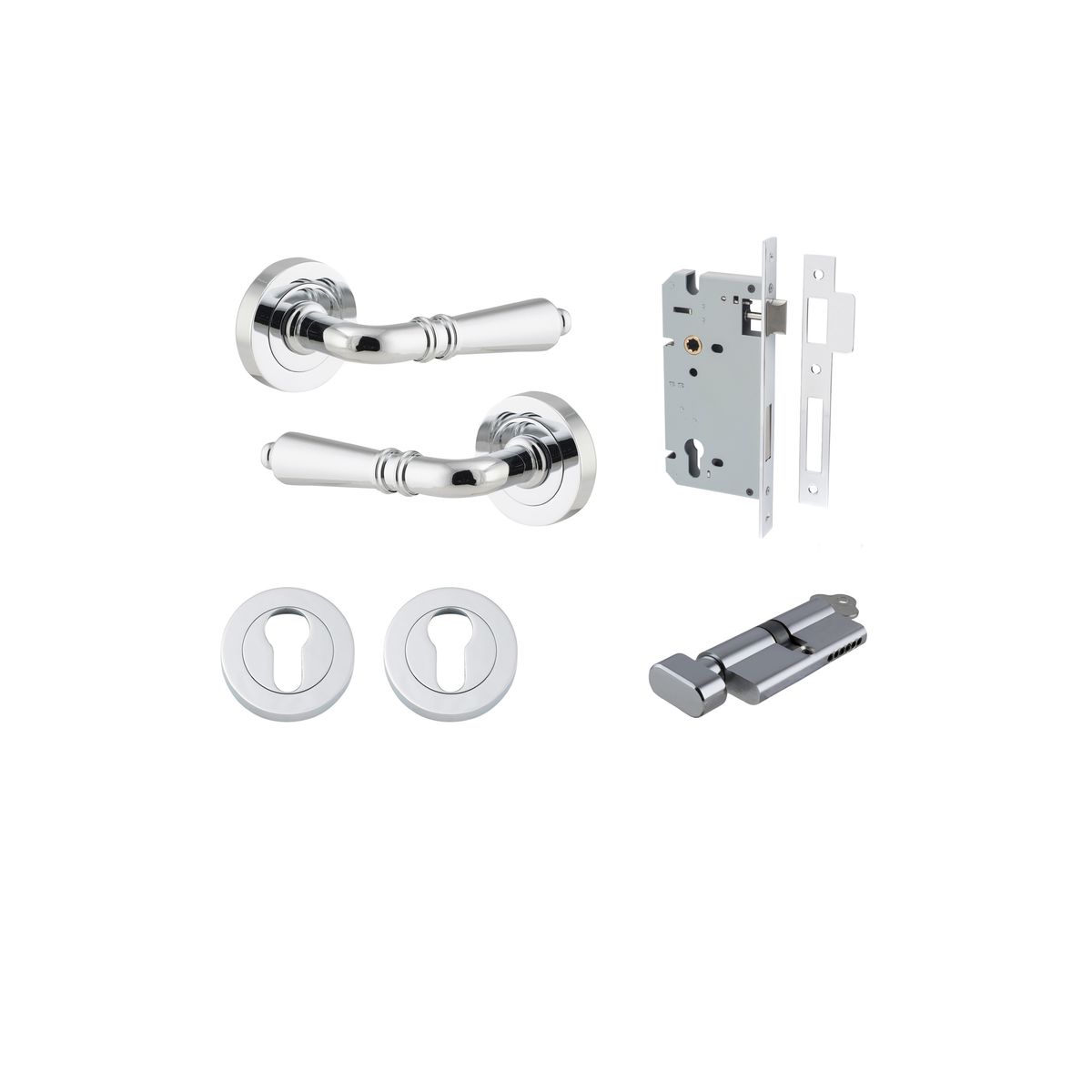 Iver Sarlat  Door Lever Rose Round Concealed Fix Pair, Passage Kit, Privacy Kit , Entrance Kit with High Security Lock - Polished Chrome