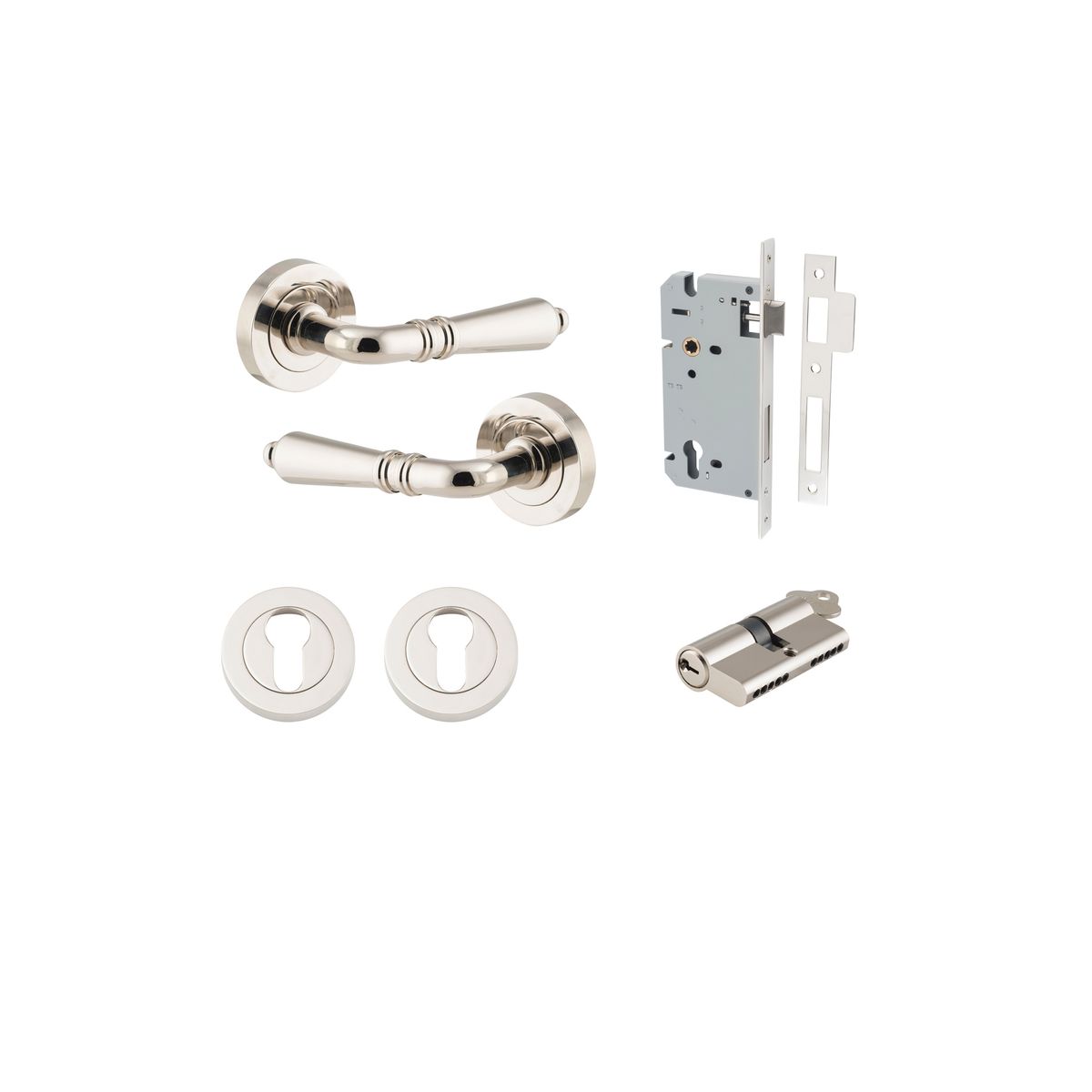 Iver Sarlat  Door Lever Rose Round Concealed Fix Pair, Passage Kit, Privacy Kit , Entrance Kit with High Security Lock - Polished Nickel