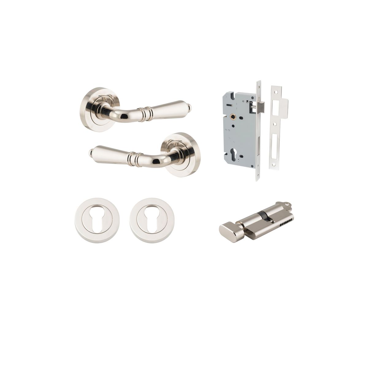 Iver Sarlat  Door Lever Rose Round Concealed Fix Pair, Passage Kit, Privacy Kit , Entrance Kit with High Security Lock - Polished Nickel