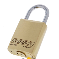Carbine Australia C45 Brass Padlock, 8mm x 50mm x 45mm , 6.35mm x 30mm x 45mm & 8mm x75mm x 45mm Molybdenum Alloy Shackle Keyed to Differ Boxed Single And Bulk model  Brushed brass