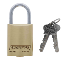 Carbine Australia C45 Brass Padlock, 8mm x 50mm x 45mm , 6.35mm x 30mm x 45mm & 8mm x75mm x 45mm Molybdenum Alloy Shackle Keyed to Differ Boxed Single And Bulk model  Brushed brass