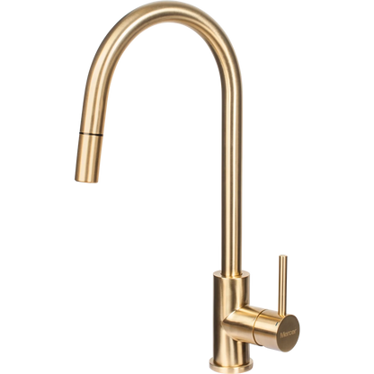 MERCER AURORA LISBON GOOSENECK PULLOUT MIXER IN 5 COLOURS-STAINLESS STEEL ,  BLACK ,GUN METAL ,COPPER ,BRASS