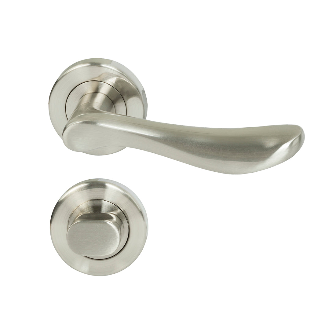 MILES NELSON DOOR HANDLES MILANO RANGE SATIN NICKEL FINISH ANZIO PASSAGE SET,SEPARATE PRIVACY SET,INTERGRATED PRIVACY INCLUDES LATCH 55MM ROUND ROSE