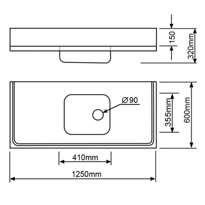 MERCER C2-600 CLASSICLINE SINK BENCH  90MM WASTE WITH OVERFLOW