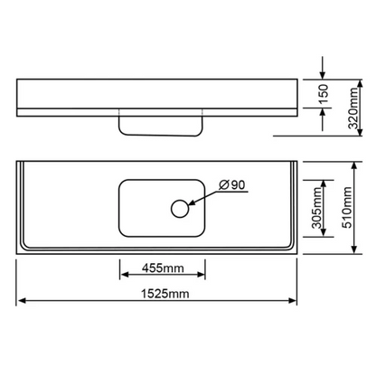 MERCER CLASSICLINE STAINLESS STEEL 500 SERIES C3-500 CABINET MOUNT BENCH 90MM WITH OVERFLOW 304