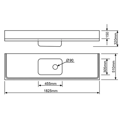 MERCER CLASSICLINE SINK BENCH STAINLESS STEEL 500 SERIES C5-500 1825X510  CABINET MOUNT 90MM WASTE WITH OVERFLOW 304