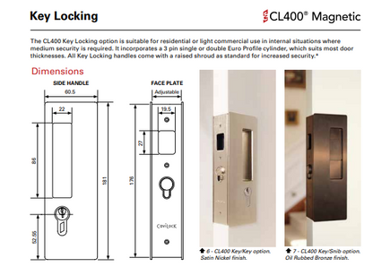 Cavity Slider for Doors CaviLock CL400 Right Handle Key Locking Left Handle Blank 34-40mm - Available in 6 Colours :  Bright Chrome ,Satin Chrome, Oil Rubbed Bronze ,Satin Nickel, Matte Black ,Custom Finish