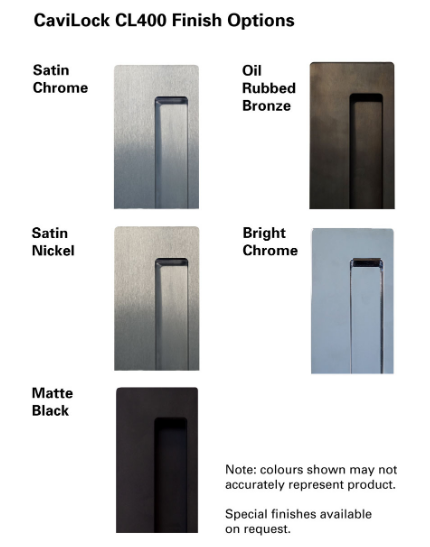 Cavity Slider for Doors CaviLock CL400 Corner Handle RH Striker 34-40mm - Available in 5 Colours :  Bright Chrome ,Satin Chrome, Oil Rubbed Bronze ,Satin Nickel, Custom Finish