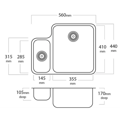 MERCER EC202 PALIO DOUBLE BOWL 1 & 3/4 SMALL BOWL TOP MOUNT RIGHT / LEFT HAND WITH AND WITHOUT OVERFLOW 304