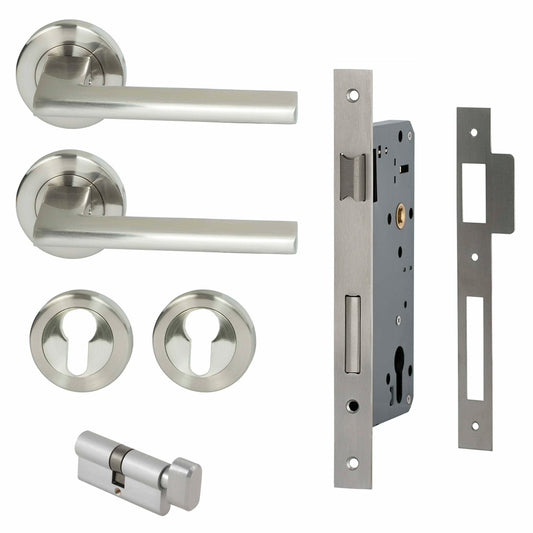 MILES NELSON DOOR HANDLES MILANO RANGE SATIN NICKEL FINISH FORLI ENTRANCE SET ROUND ROSE SUPPLIED WITH 716SS MORTICE 65MM KEY AND TURN / ESCUTHONS